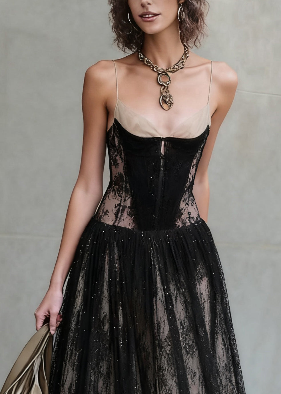 French Black Backless High Waist Patchwork Lace Spaghetti Strap Dress Summer