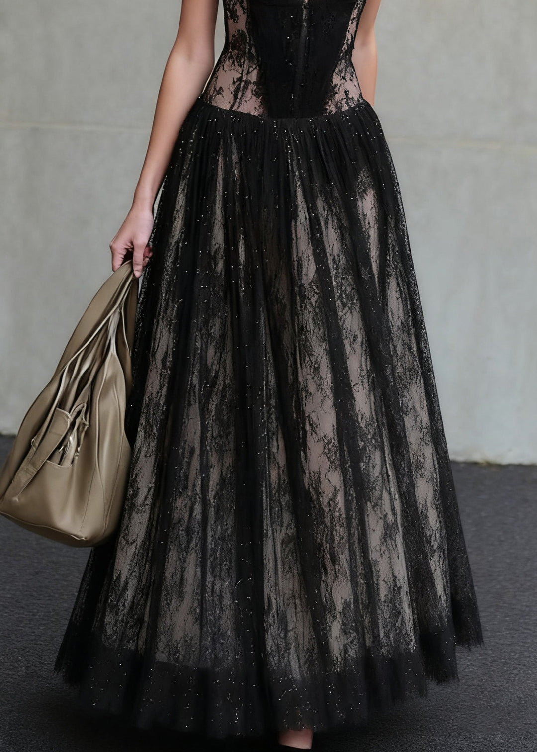 French Black Backless High Waist Patchwork Lace Spaghetti Strap Dress Summer