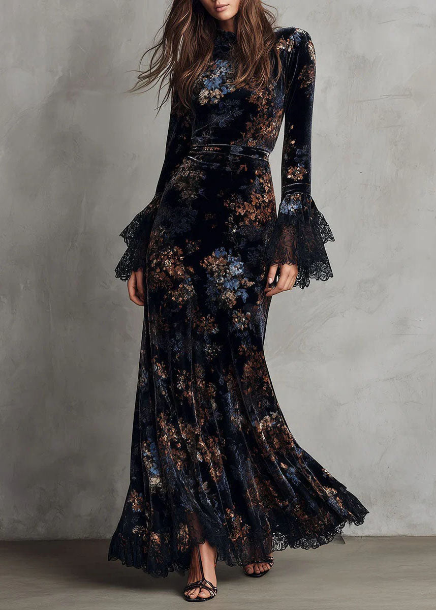 French Black Blue Print Patchwork Velvet Vacation Dresses Flare Sleeve