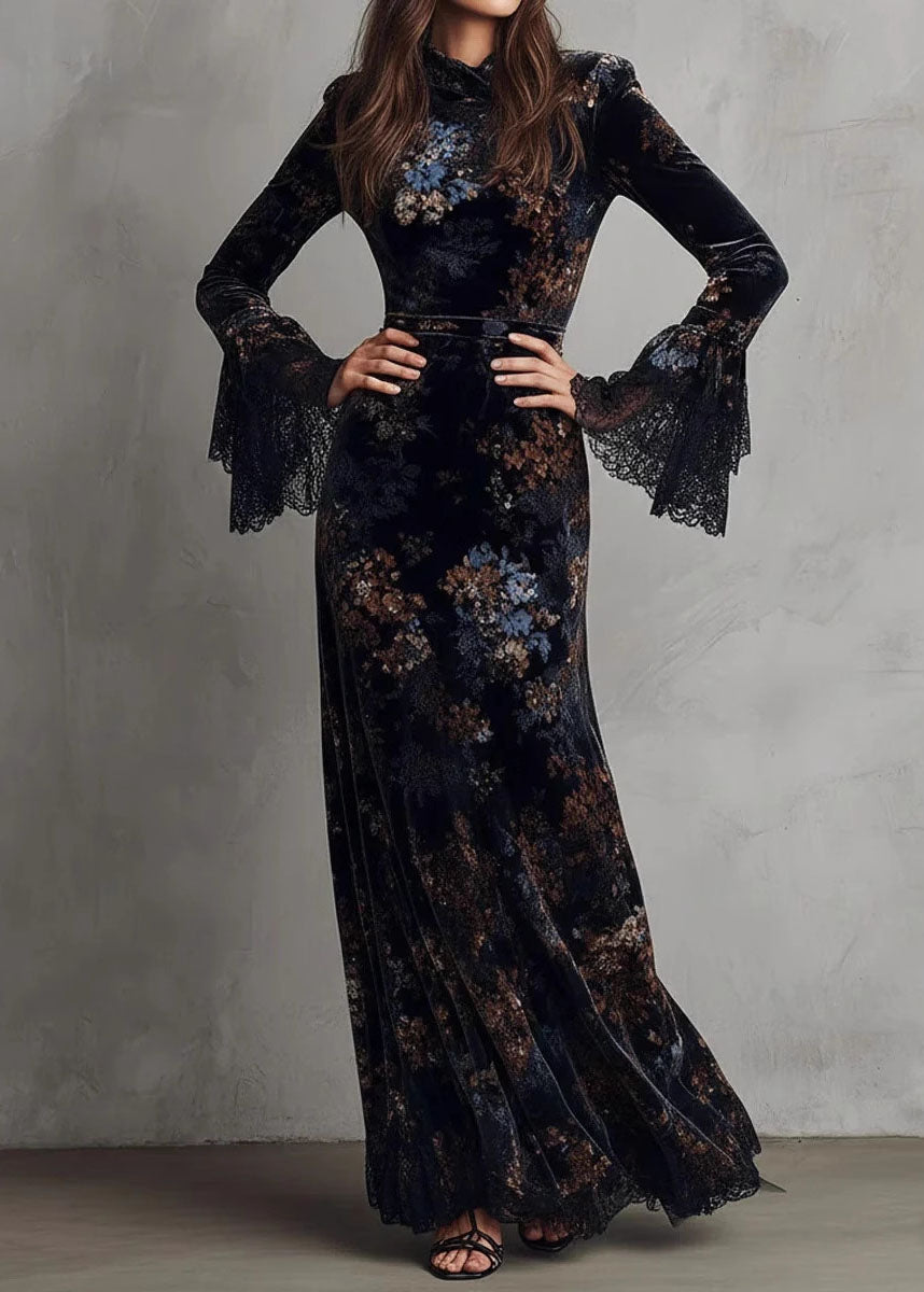 French Black Blue Print Patchwork Velvet Vacation Dresses Flare Sleeve