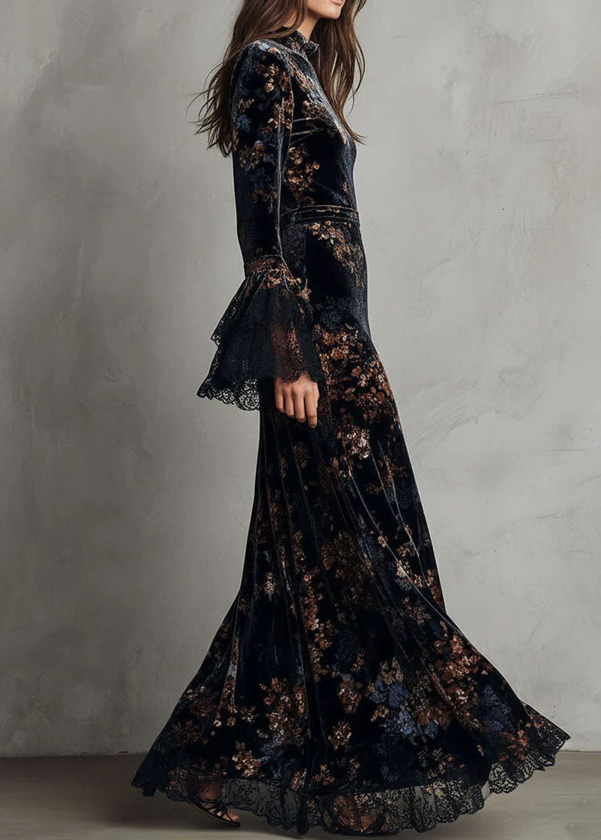 French Black Blue Print Patchwork Velvet Vacation Dresses Flare Sleeve