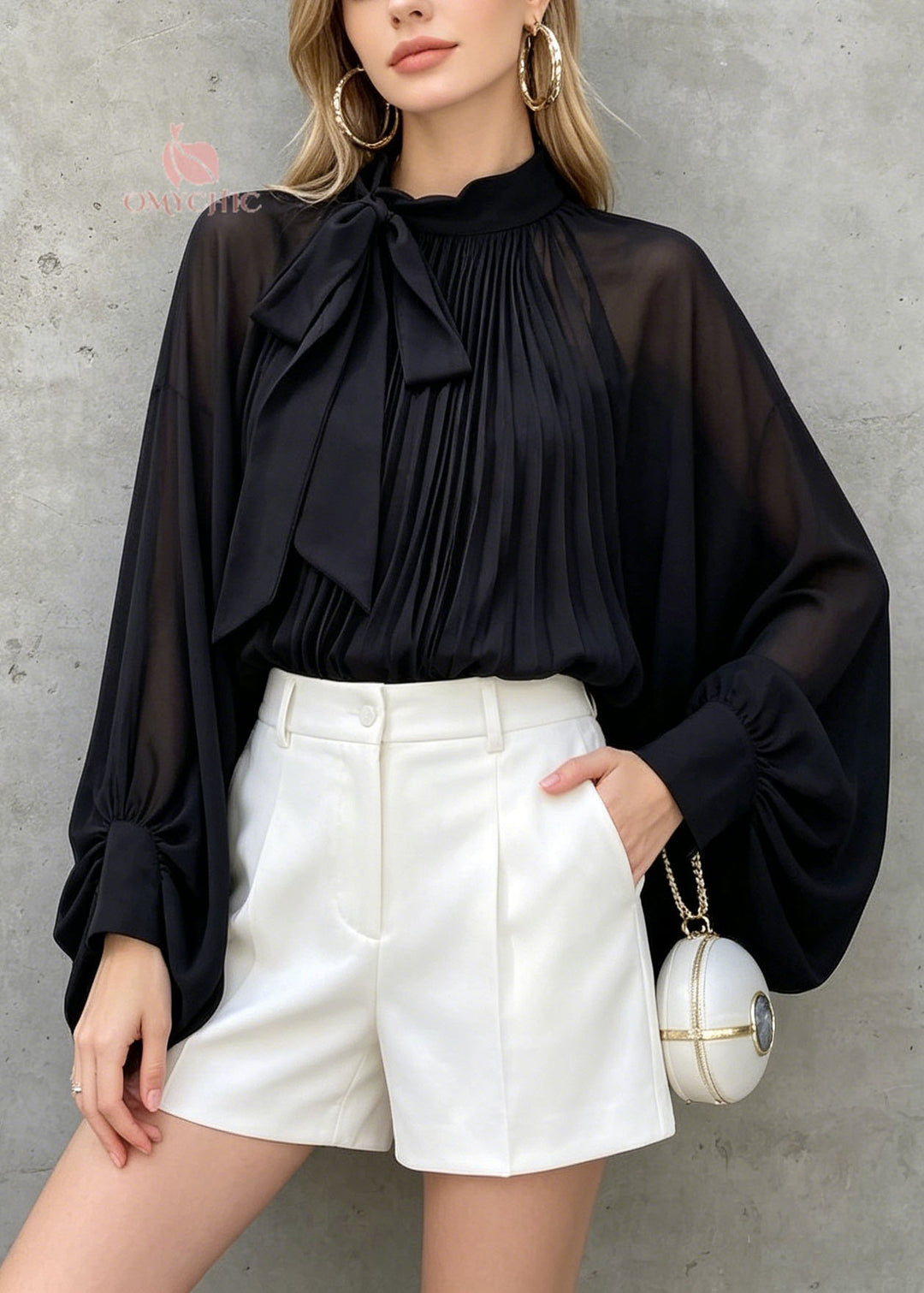 French Black Bow Wrinkled Chiffon Shirts Tops Spring