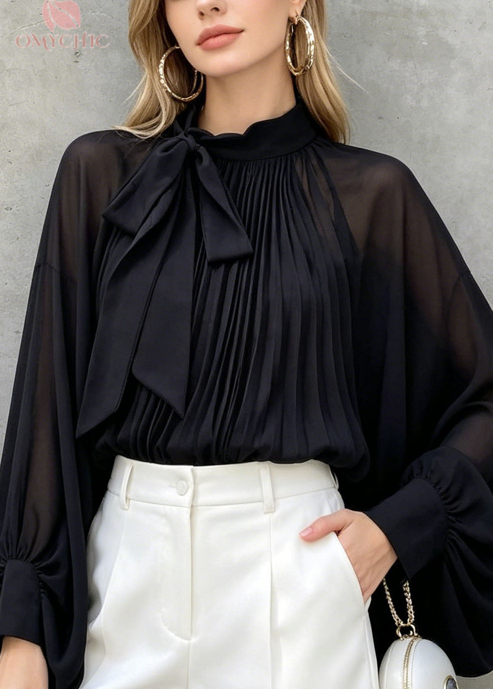 French Black Bow Wrinkled Chiffon Shirts Tops Spring
