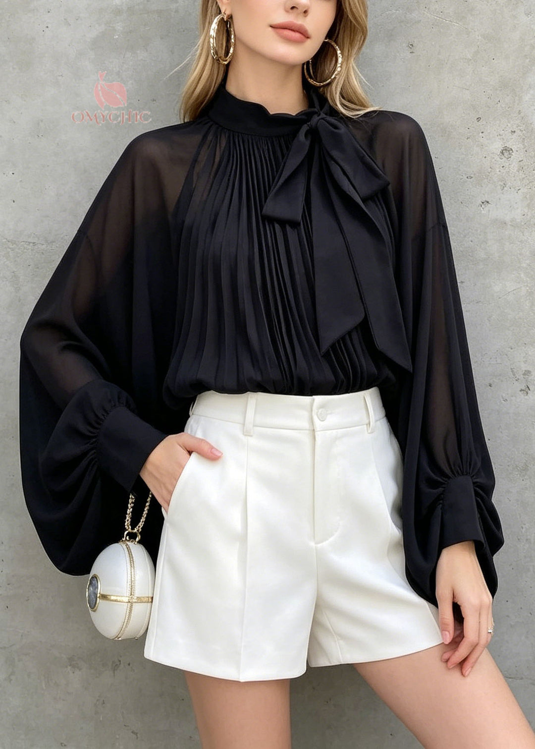 French Black Bow Wrinkled Chiffon Shirts Tops Spring