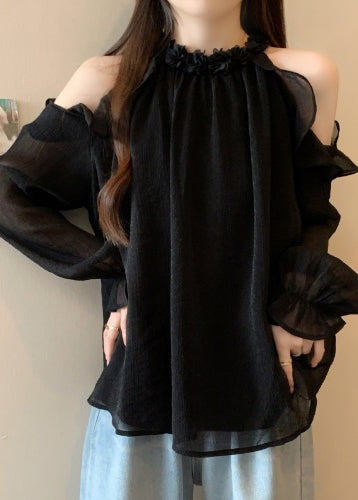 French Black Cold Shoulder Chiffon Shirts Fall