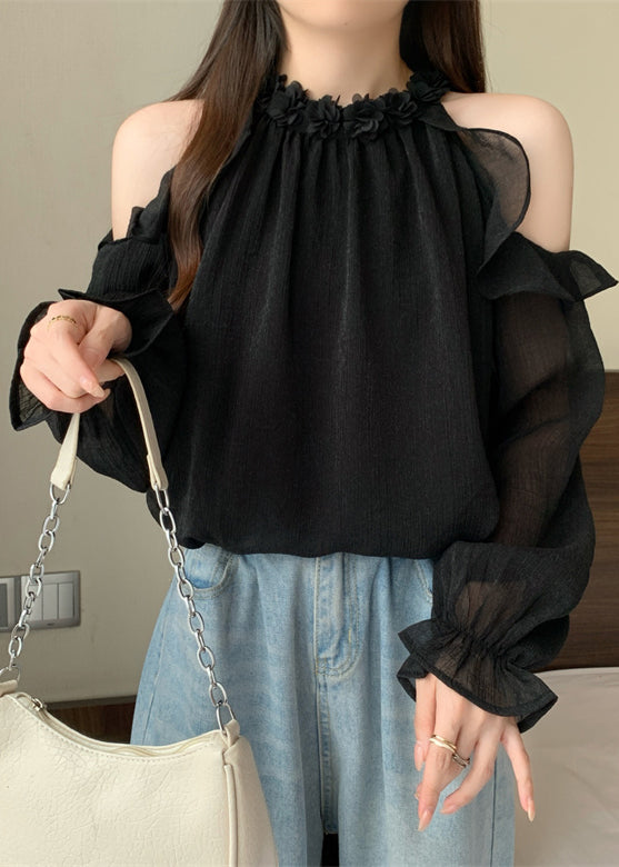 French Black Cold Shoulder Chiffon Shirts Fall