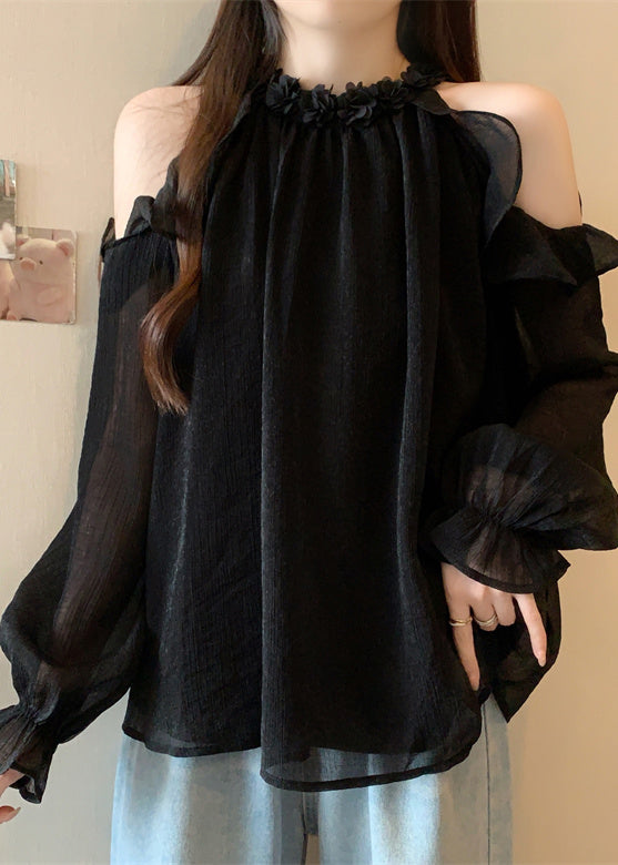 French Black Cold Shoulder Chiffon Shirts Fall
