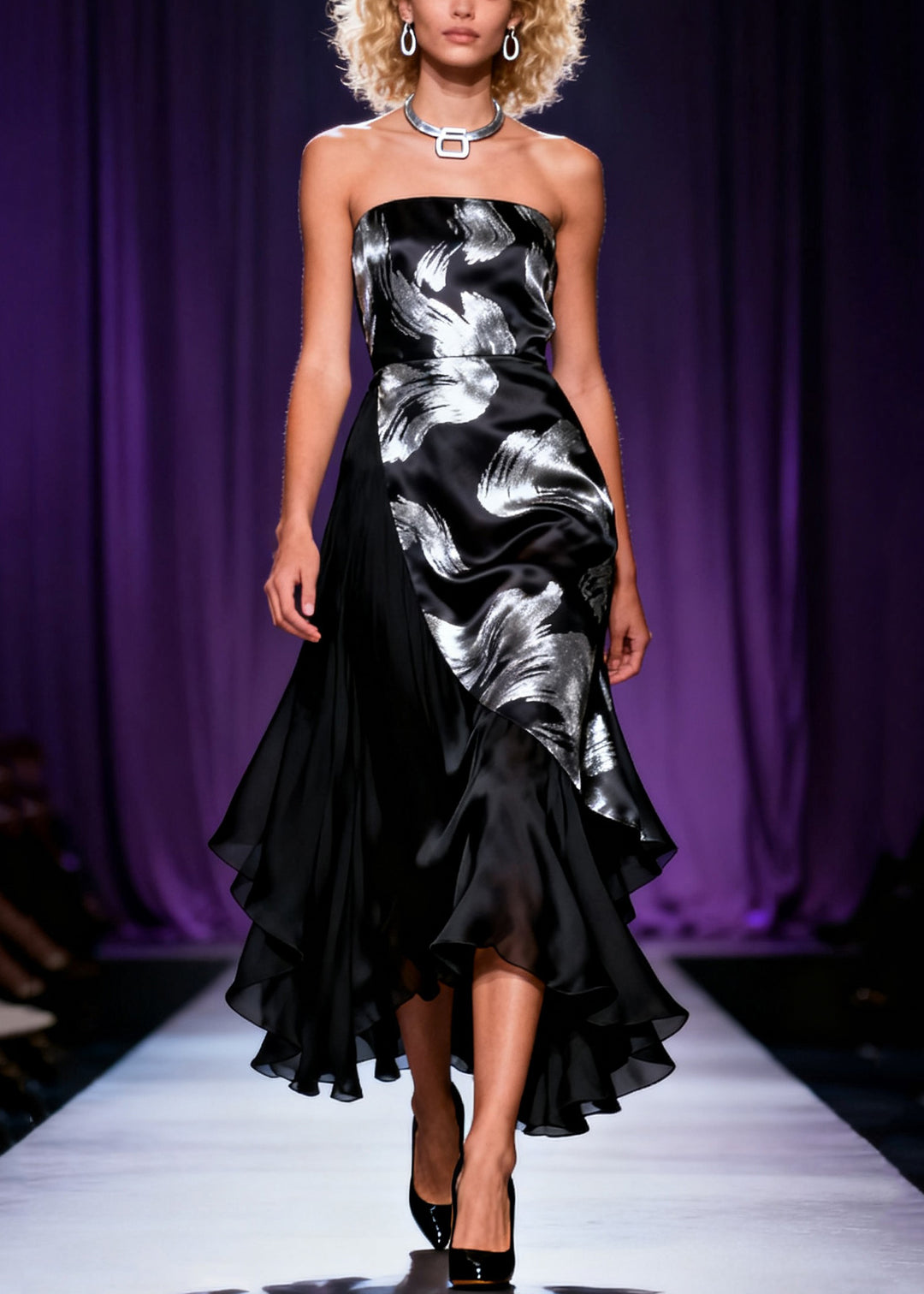 French Black Cold Shoulder Print Chiffon Patchwork Party Dress Sleeveless