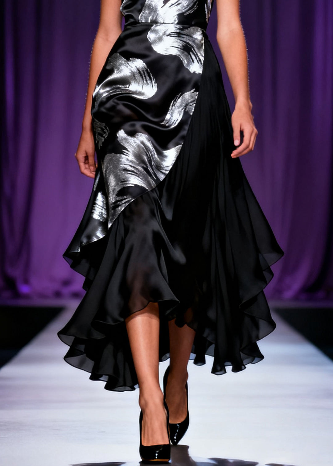 French Black Cold Shoulder Print Chiffon Patchwork Party Dress Sleeveless