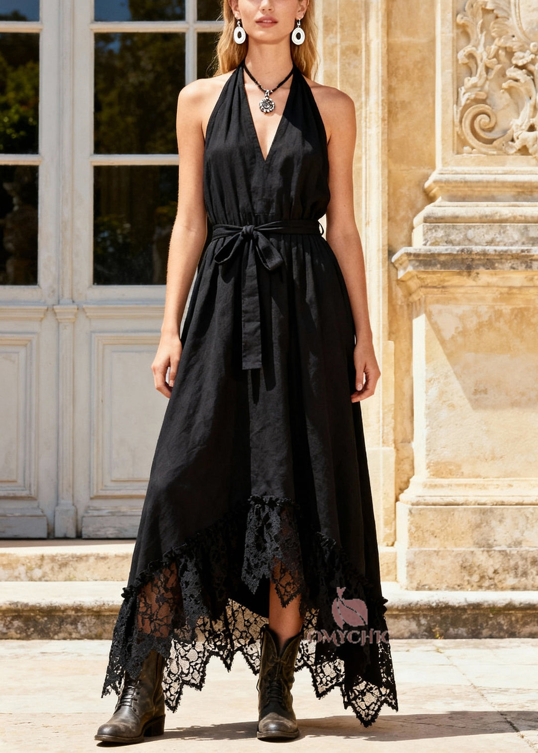 French Black Cold Shoulder Tie Waist Maxi Dress Sleeveless