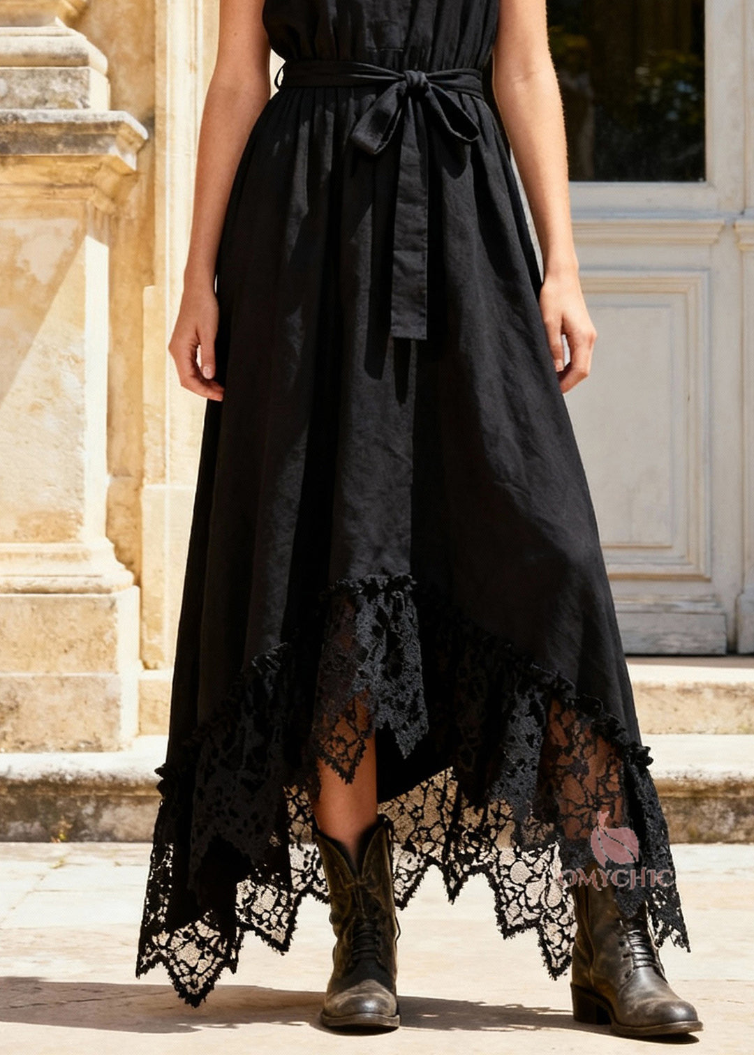 French Black Cold Shoulder Tie Waist Maxi Dress Sleeveless