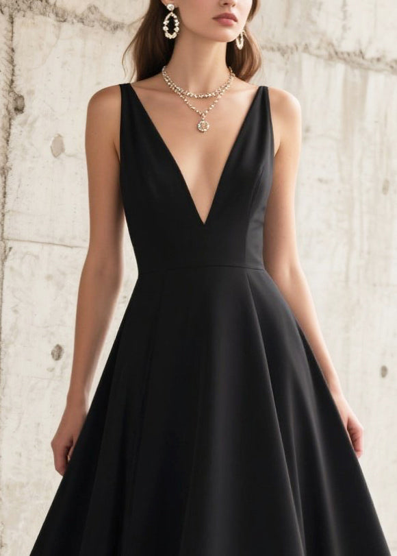 French Black Deep-V Neck Hollow Out Chiffon Long Dresses Summer