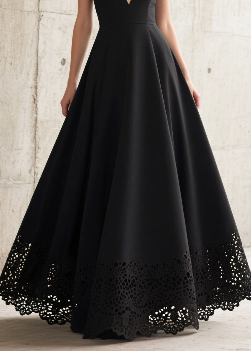 French Black Deep-V Neck Hollow Out Chiffon Long Dresses Summer