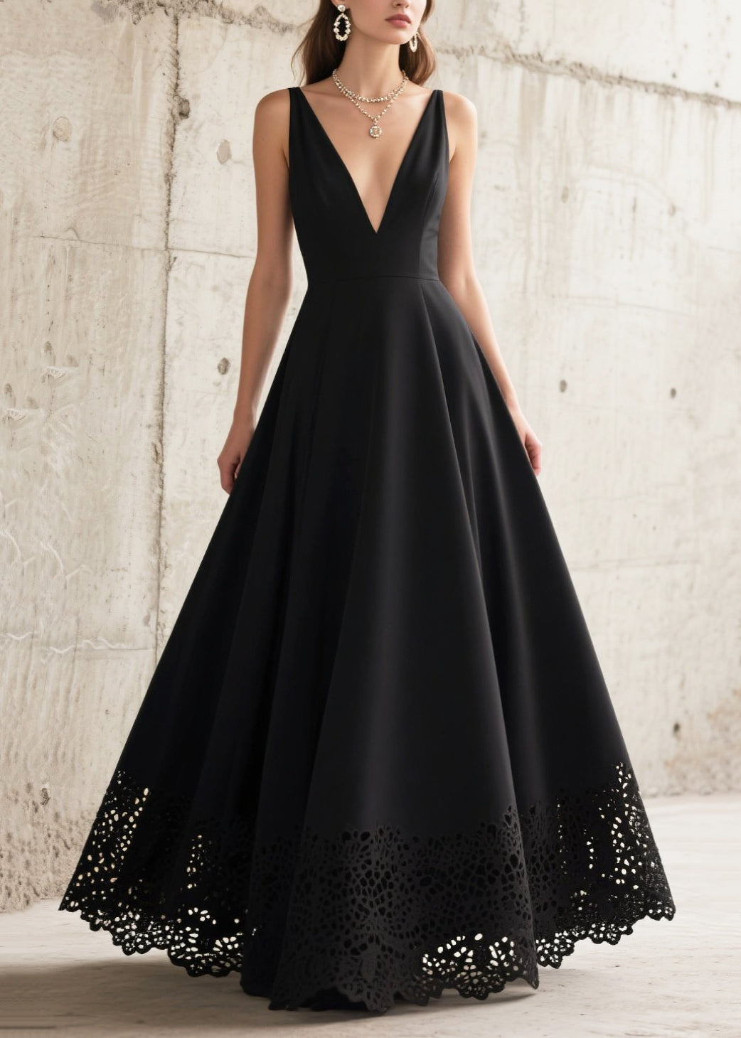 French Black Deep-V Neck Hollow Out Chiffon Long Dresses Summer