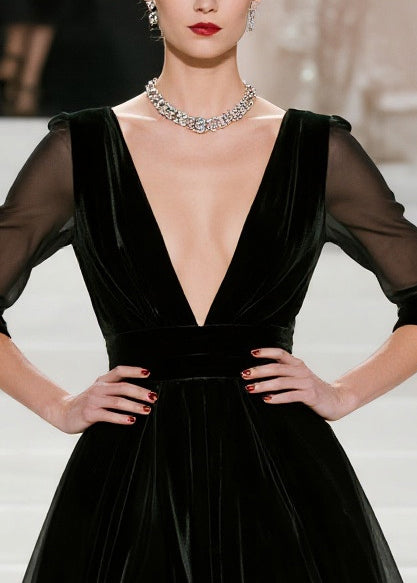 French Black Deep-V Neck Patchwork Silk Velvet Vacation Dresses Summer