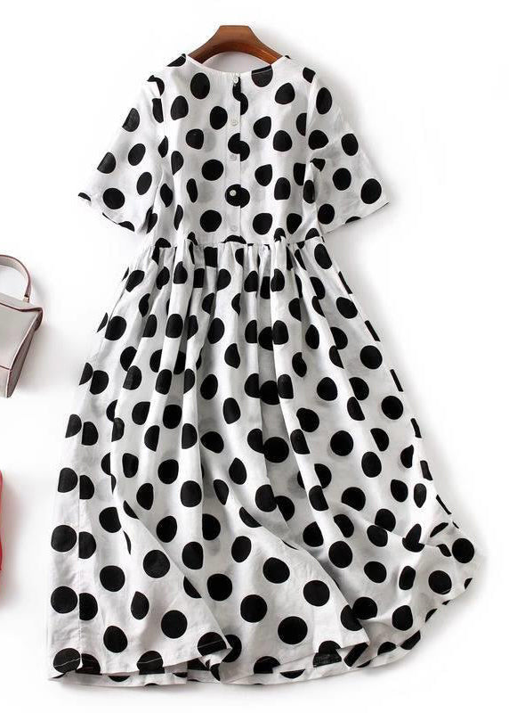 French Black Dot Button Cotton Long Dresses Summer