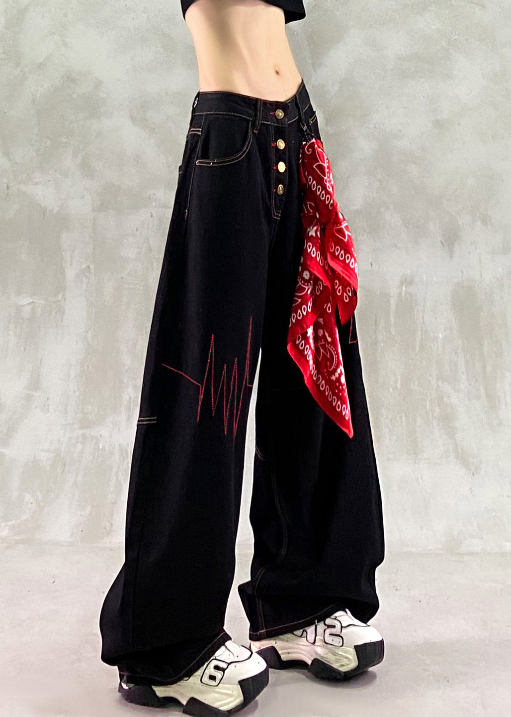 French Black Embroidered Denim Straight Pants Spring