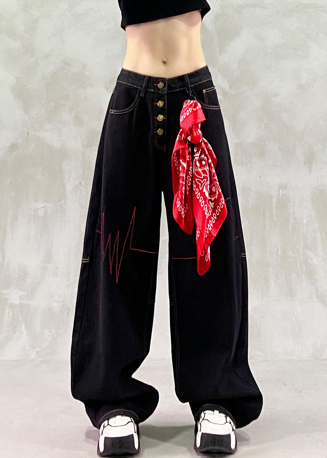 French Black Embroidered Denim Straight Pants Spring