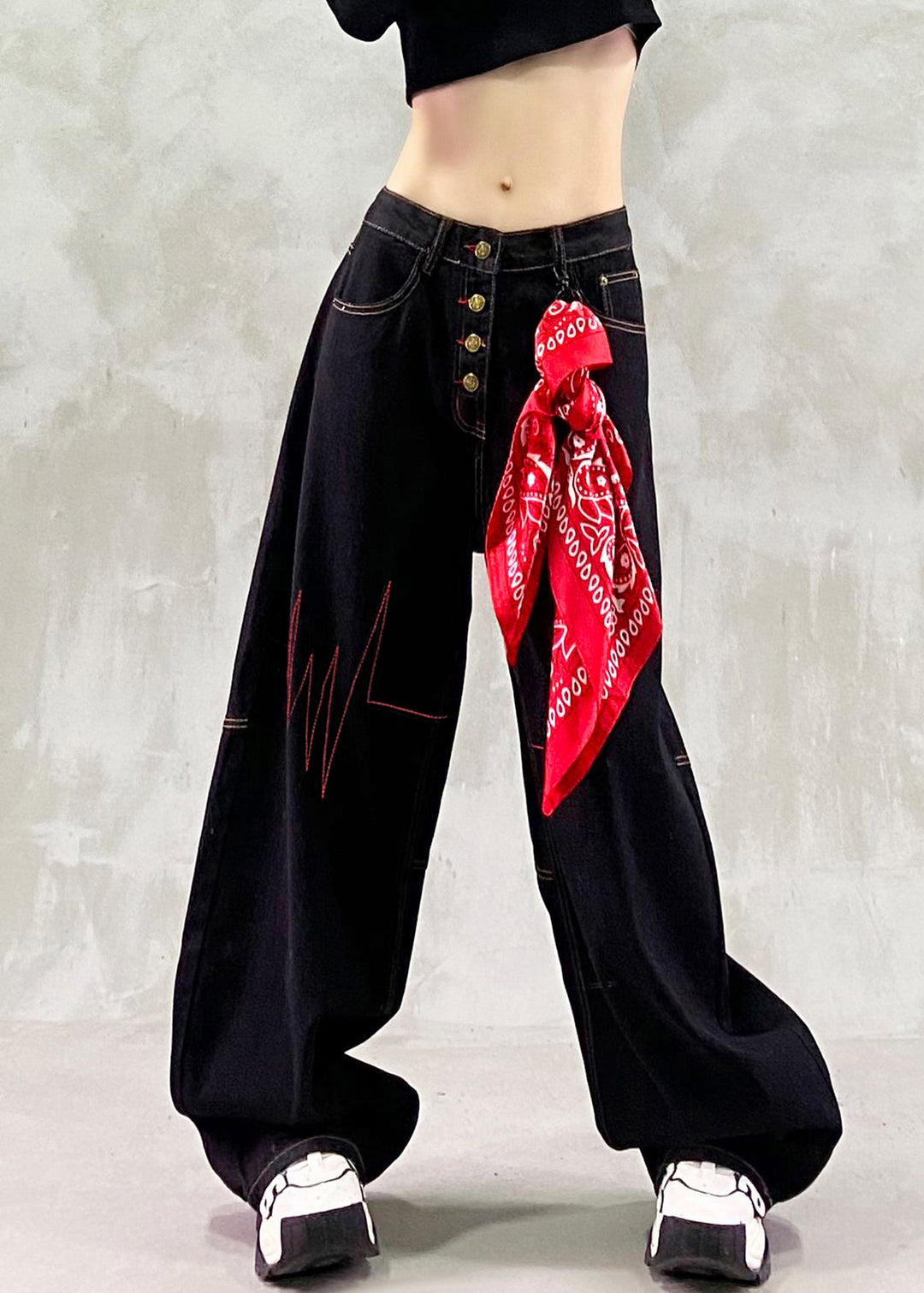 French Black Embroidered Denim Straight Pants Spring