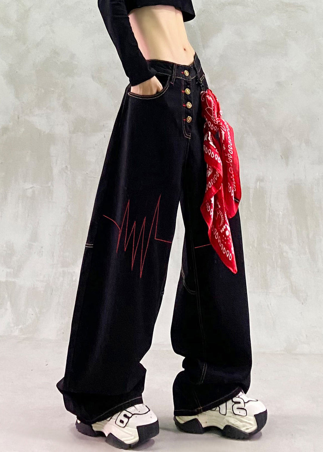 French Black Embroidered Denim Straight Pants Spring