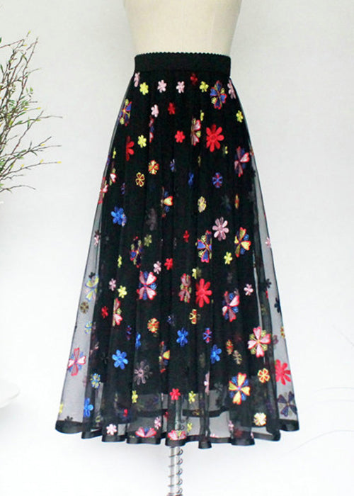 French Black Embroidered Elastic Waist Tulle Skirt Summer