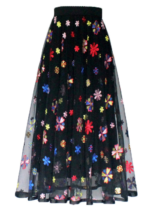 French Black Embroidered Elastic Waist Tulle Skirt Summer