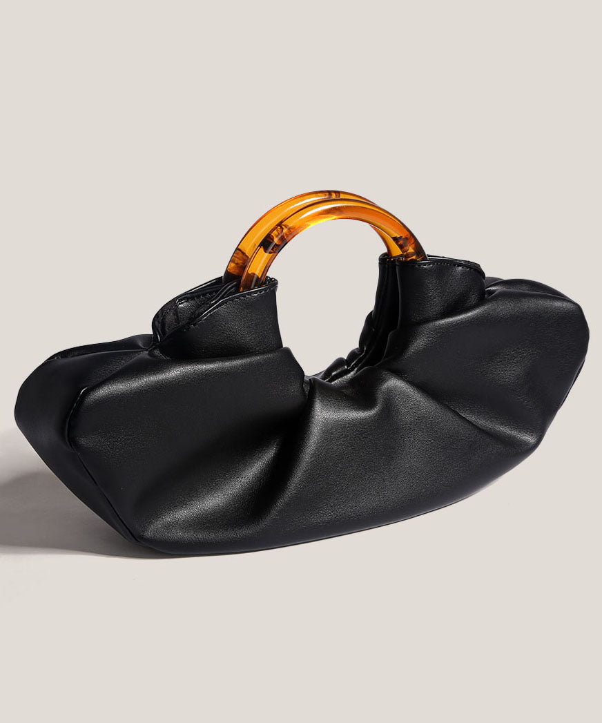 French Black Fan-Shaped Faux Leather Tote Handbag