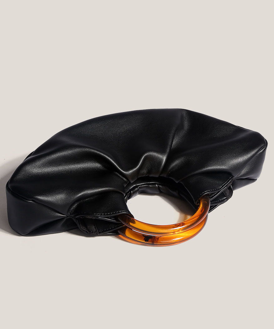 French Black Fan-Shaped Faux Leather Tote Handbag