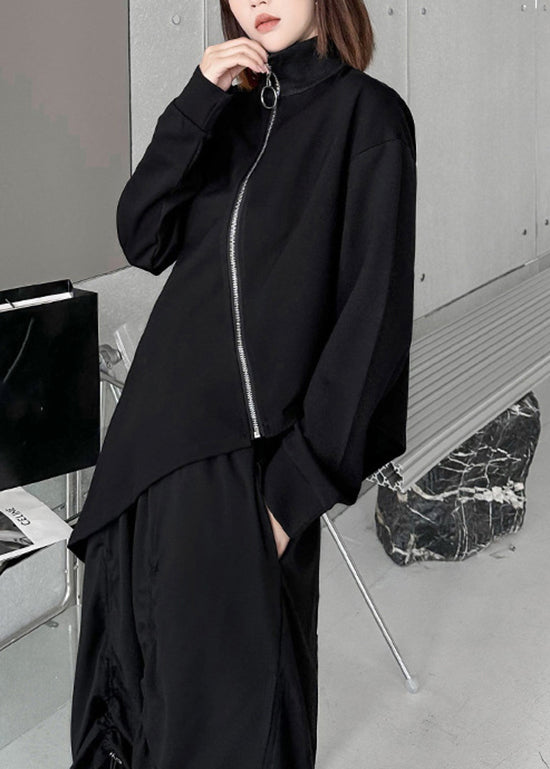 French Black High Neck Zip Up Patchwork Asymmetrical Knit Sweaters