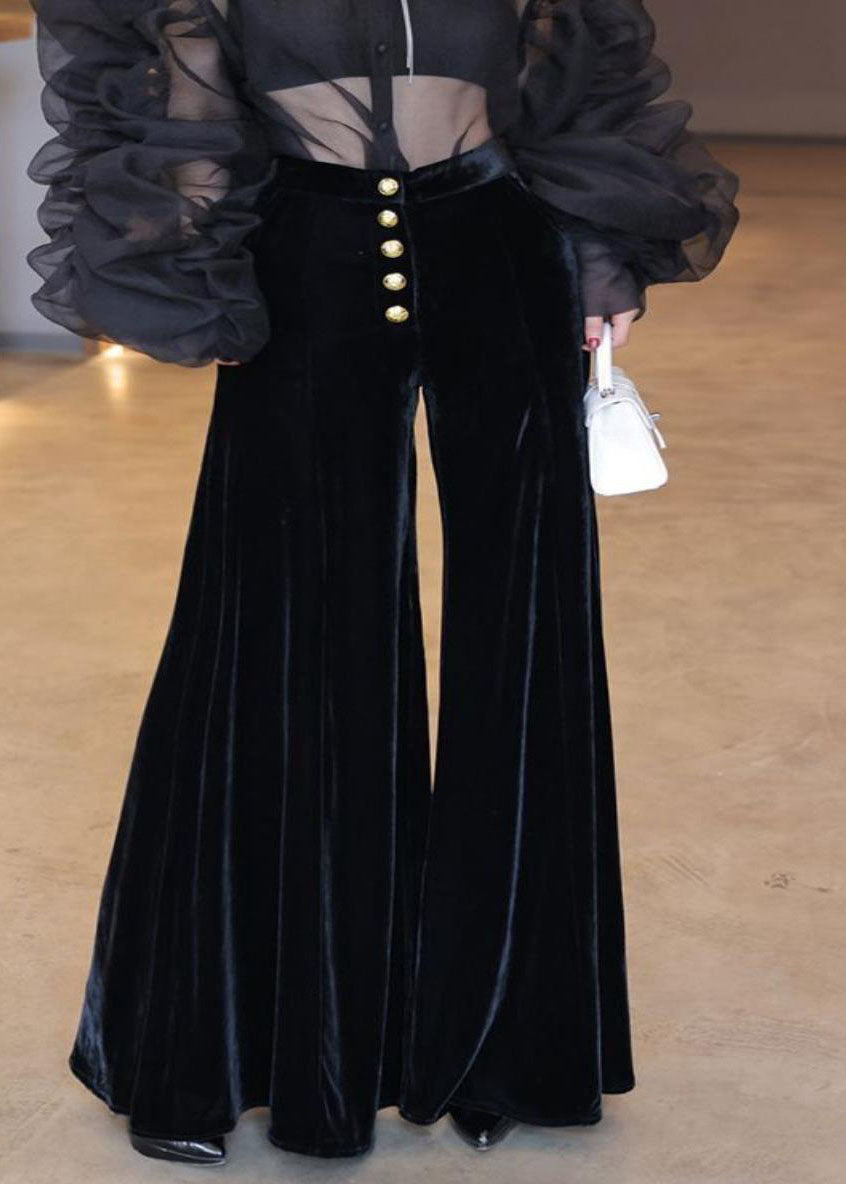 French Black High Waist Single Breast Silk Velvet Flare Bottoms Spring