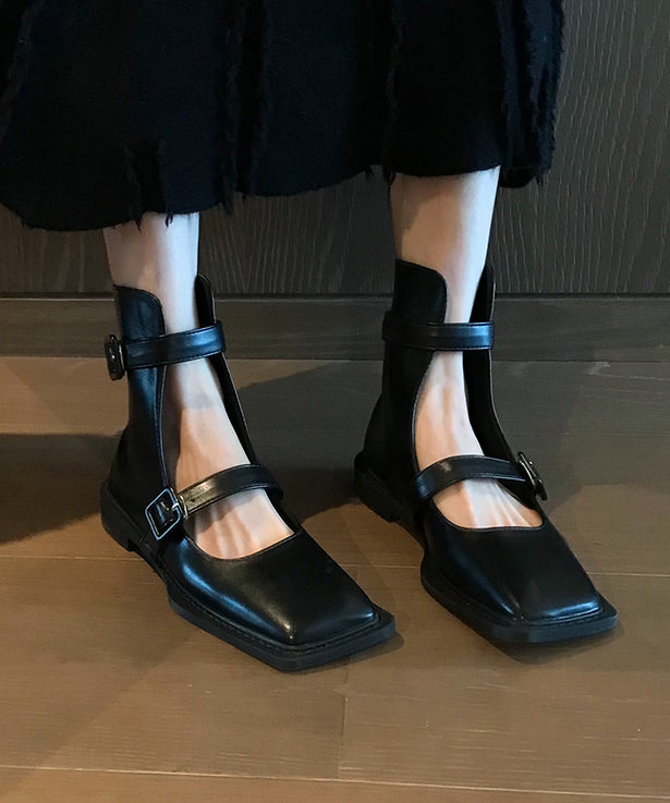 French Black Hollow Out Belt Buckle Sandals Boots - Omychic