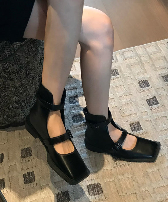 French Black Hollow Out Belt Buckle Sandals Boots - Omychic