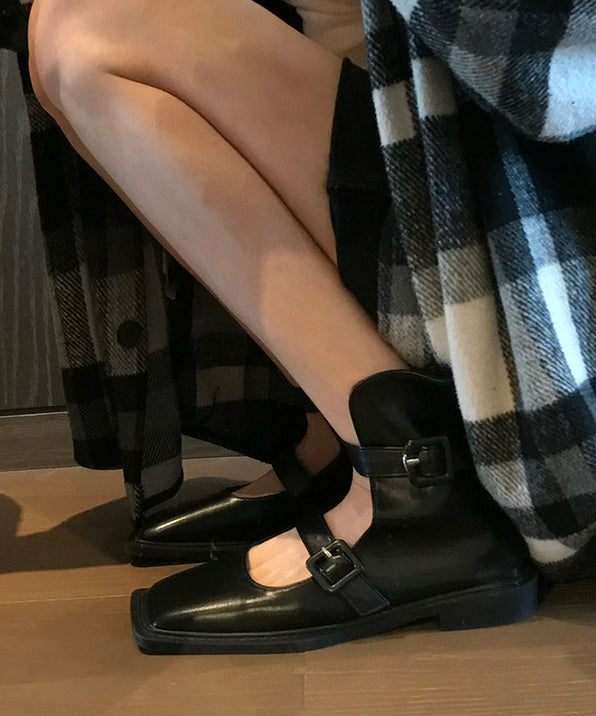 French Black Hollow Out Belt Buckle Sandals Boots - Omychic