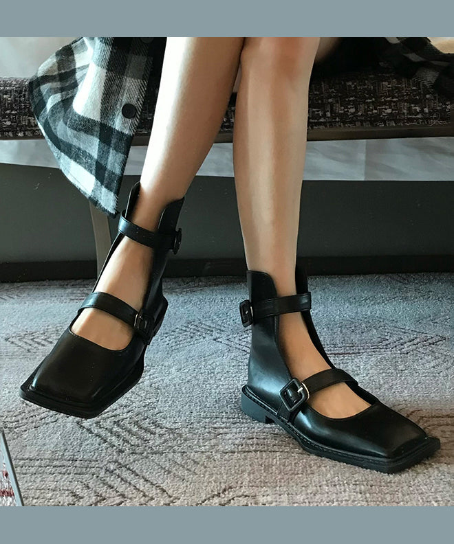 French Black Hollow Out Belt Buckle Sandals Boots - Omychic