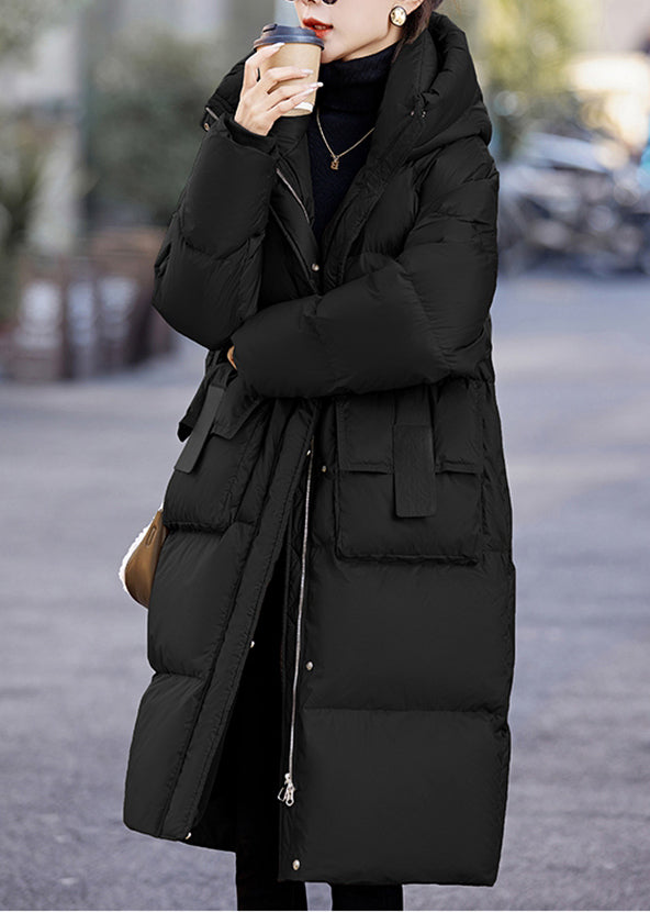 French Black Hooded Pockets Duck Down Winter Coats