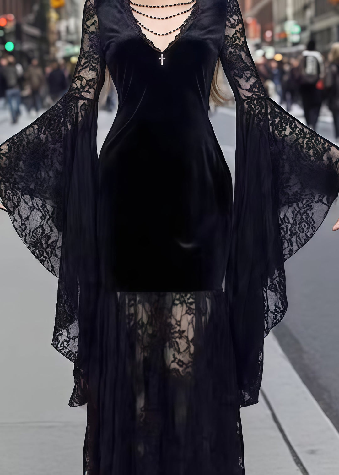 French Black Lace Patchwork Silk Velvet Evening Dresses Flare Sleeve