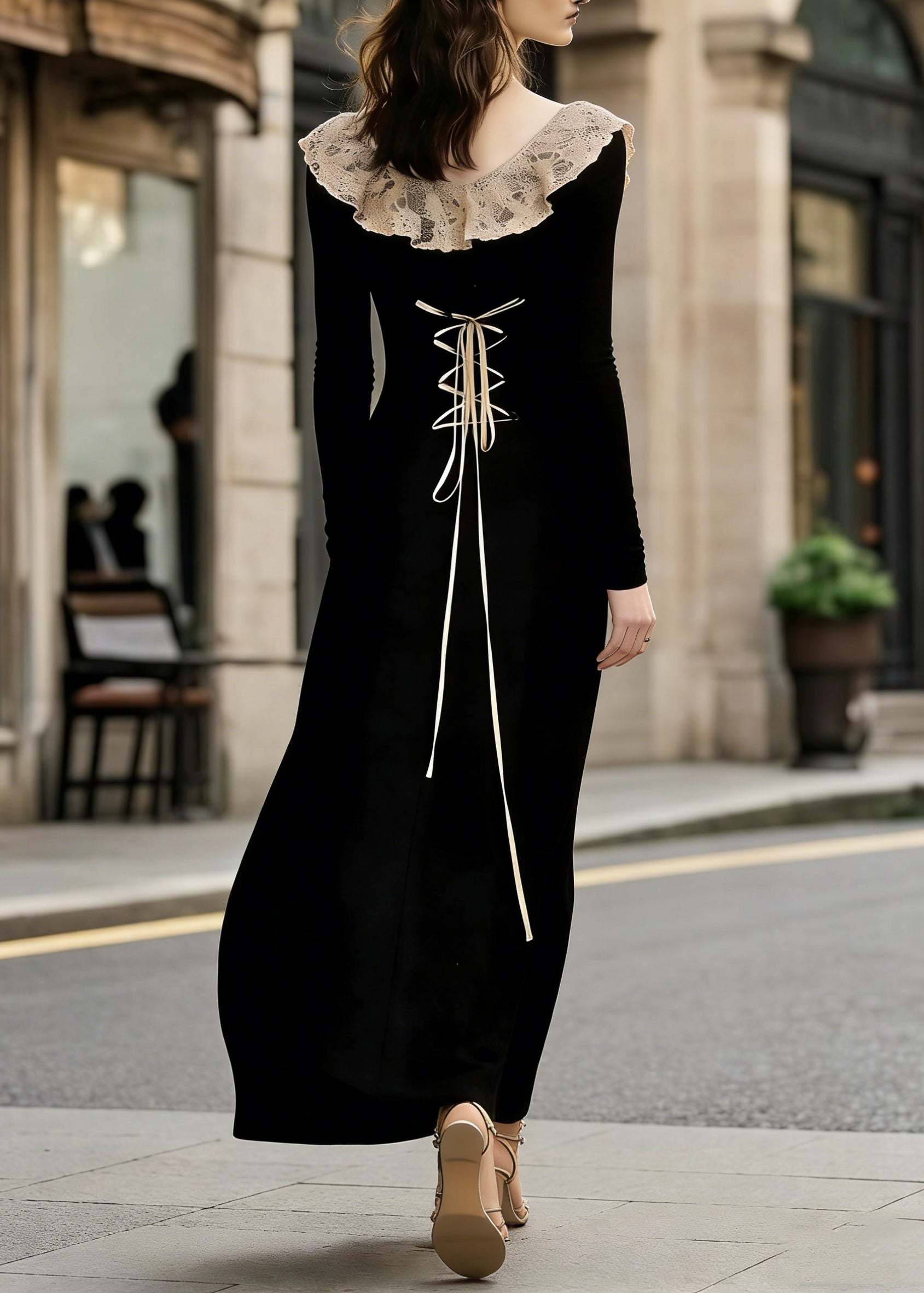 French Black Lace Patchwork Wear On Both Sides Cotton Maxi Dress Lace Up Spring - Omychic