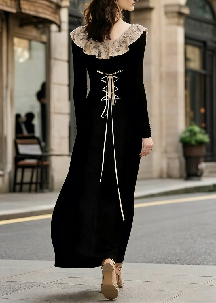 French Black Lace Patchwork Wear On Both Sides Cotton Maxi Dress Lace Up Spring - Omychic