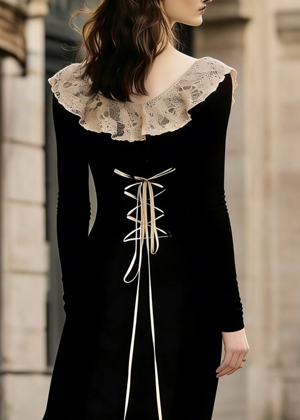 French Black Lace Patchwork Wear On Both Sides Cotton Maxi Dress Lace Up Spring - Omychic
