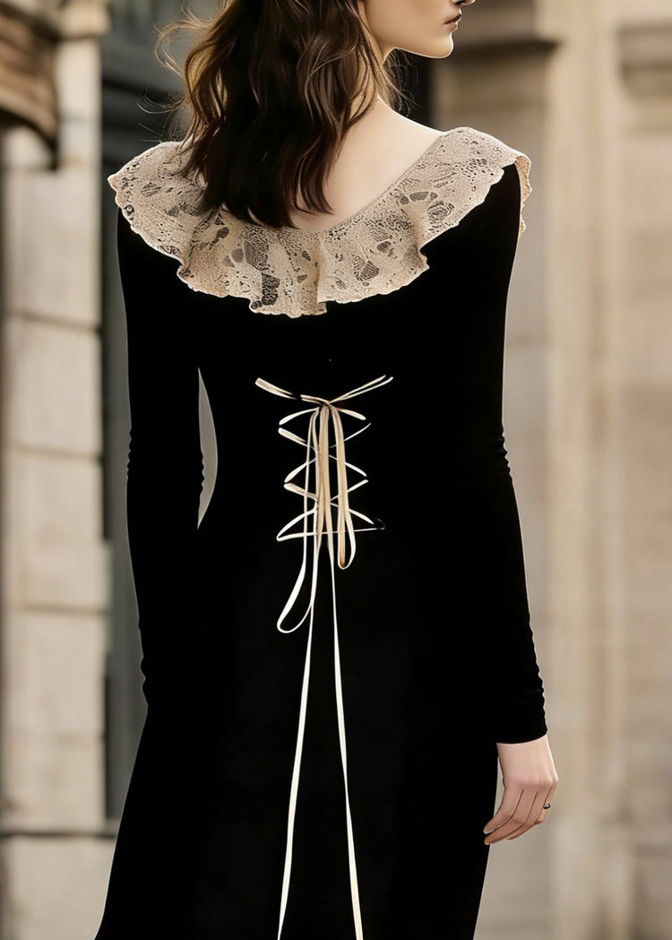 French Black Lace Patchwork Wear On Both Sides Cotton Maxi Dress Lace Up Spring - Omychic