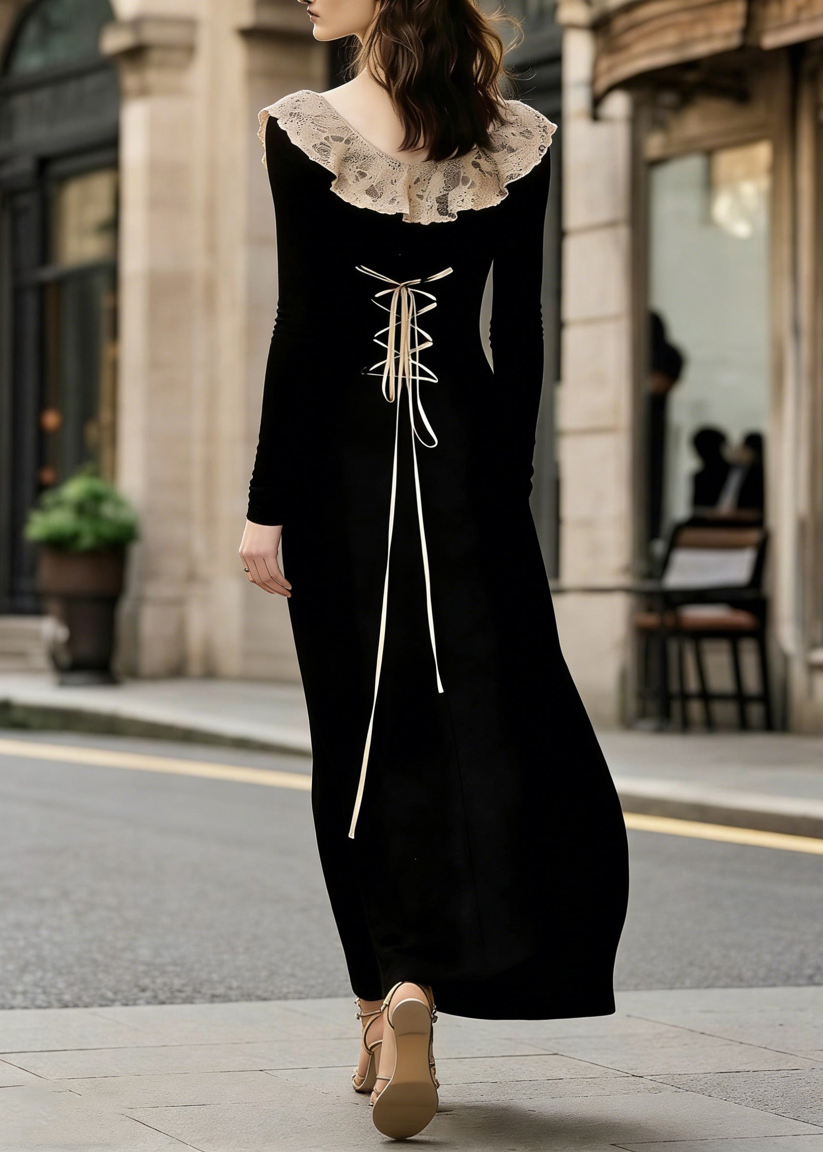 French Black Lace Patchwork Wear On Both Sides Cotton Maxi Dress Lace Up Spring - Omychic