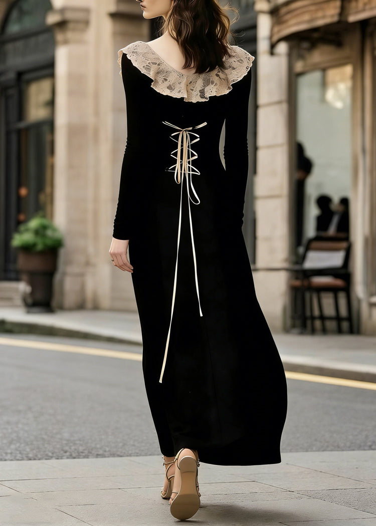 French Black Lace Patchwork Wear On Both Sides Cotton Maxi Dress Lace Up Spring - Omychic