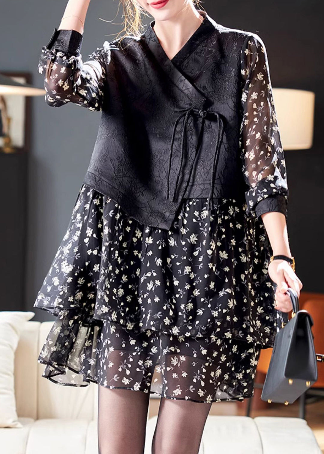 French Black Lace Up Print Patchwork Chiffon Mid Dress Spring