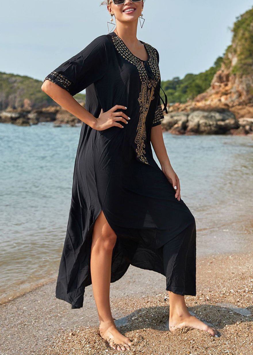 French Black Lace Up Side Open Cotton Long Dresses Summer