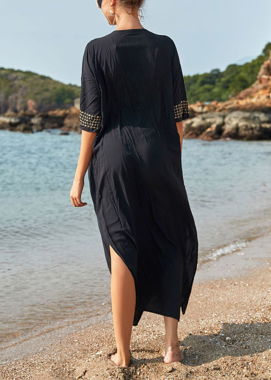 French Black Lace Up Side Open Cotton Long Dresses Summer