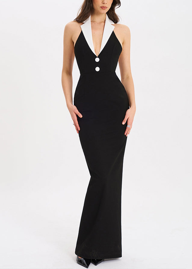 French Black Notched Backless Side Open Cotton Long Dresses Sleeveless