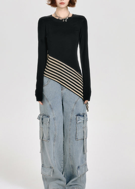 French Black O Neck Asymmetrical Patchwork Cotton T Shirt Tops Spring