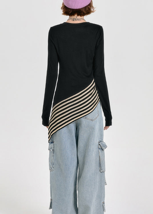 French Black O Neck Asymmetrical Patchwork Cotton T Shirt Tops Spring