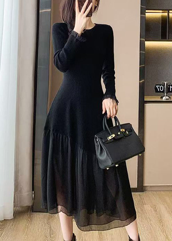 French Black O Neck Asymmetrical Patchwork Knit Long Sweater Winter