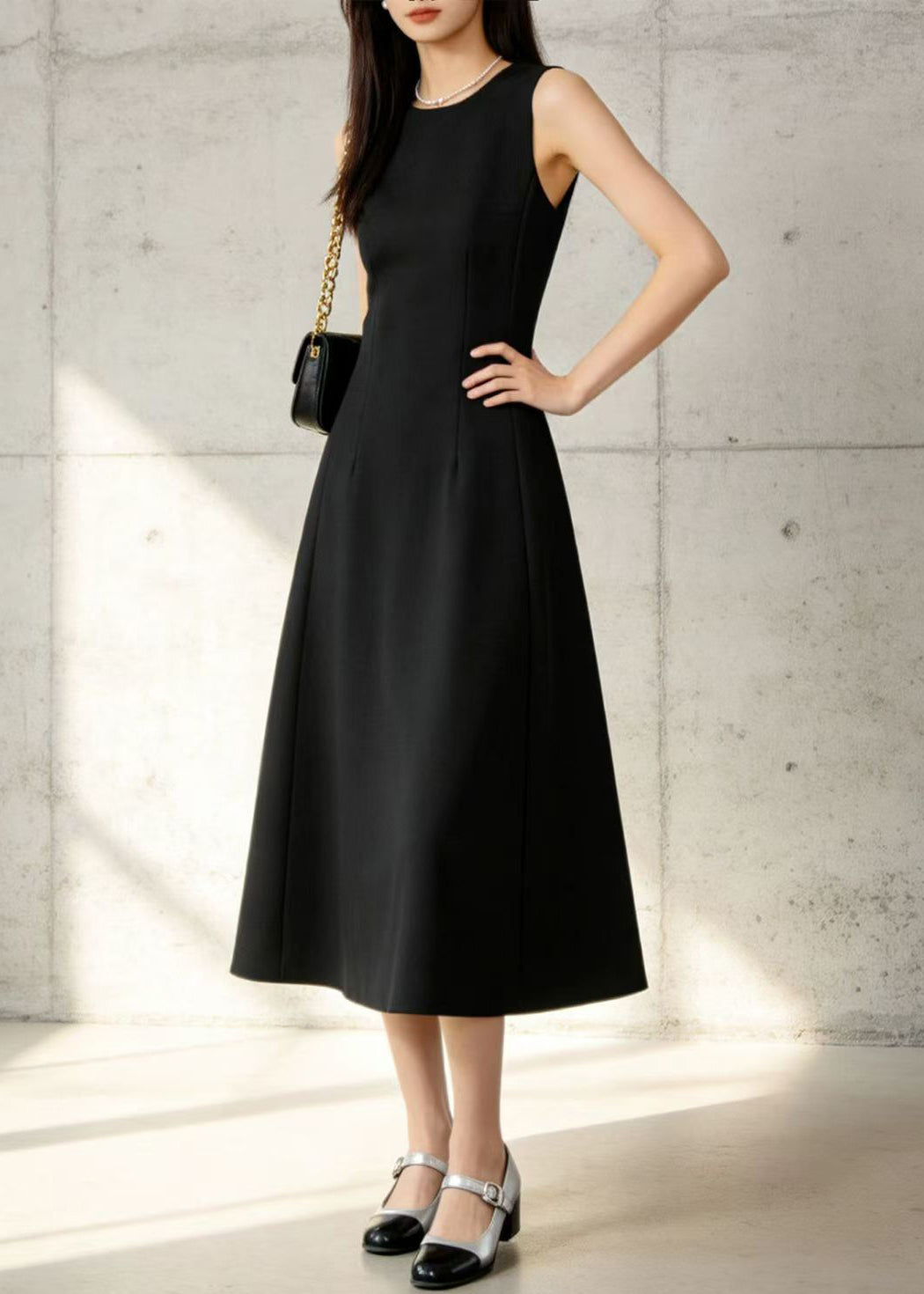 French Black O-Neck Cotton A Line Dress Sleeveless